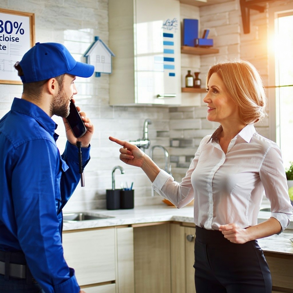 A home service technician with a customer in her home, on the phone calling in for a supervisor. 